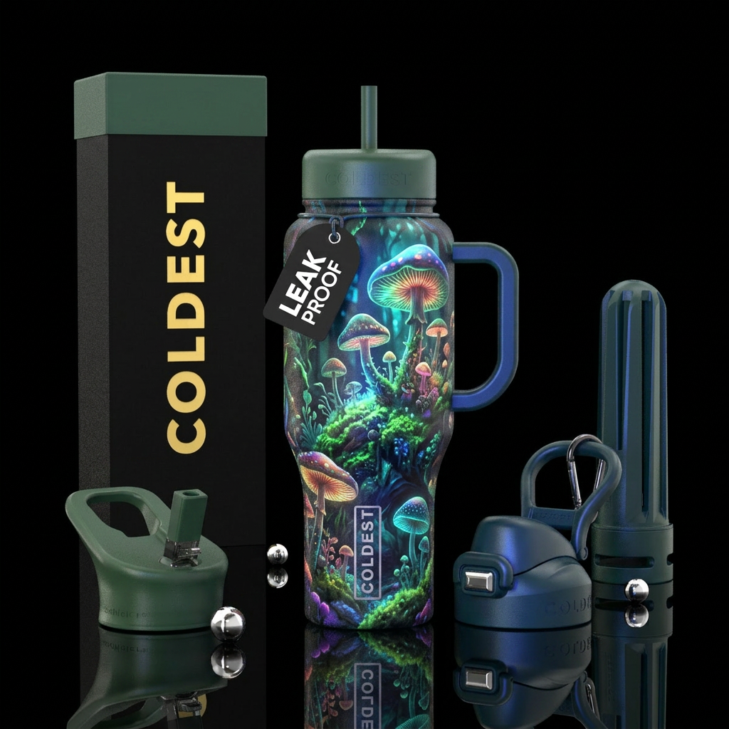 mushroom forest water bottle design