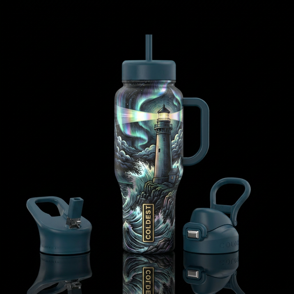 Iridescent lighthouse water bottle design