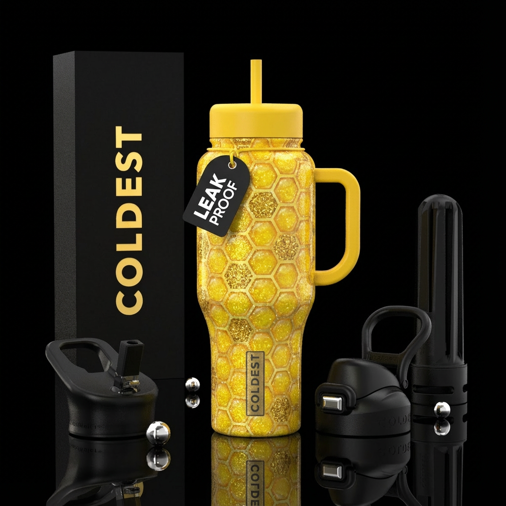 Yellow, sparkly bee hive water bottle design