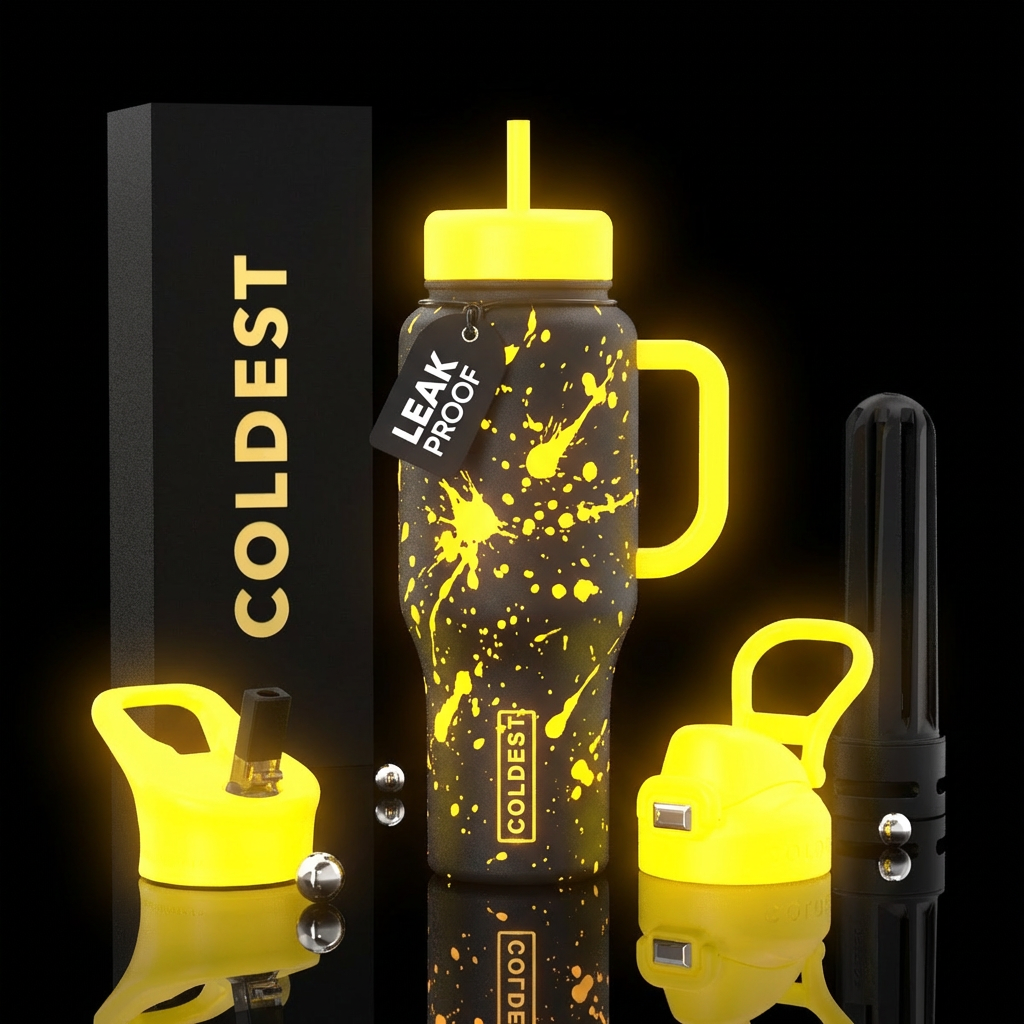 Yellow splatter yellow lids glowie water bottle design