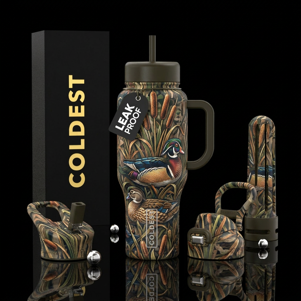 Camo cattails wood duck water bottle design