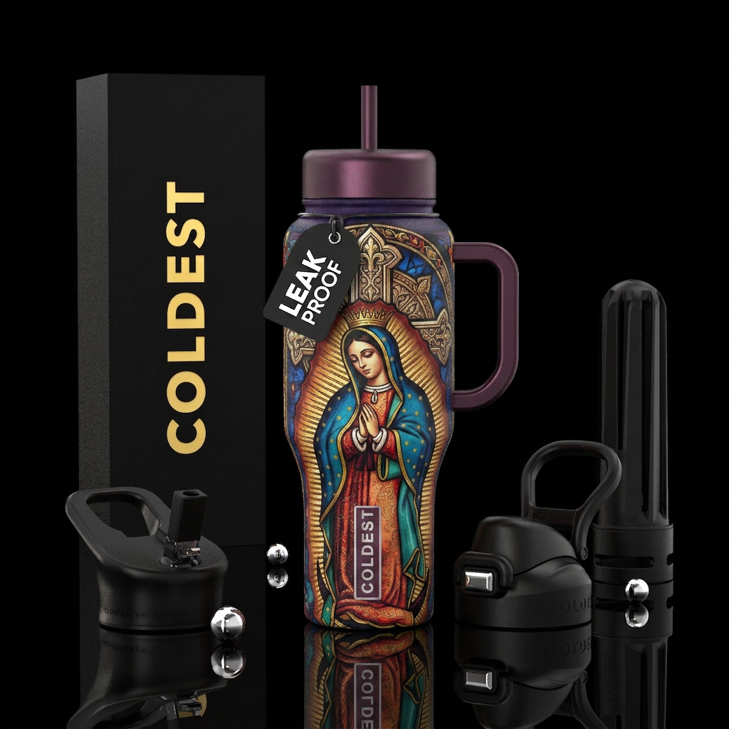 virgin mary with a cross background black lid and ... water bottle design