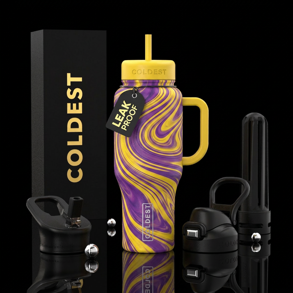 Purple yellow swirls with yellow lid and handle water bottle design