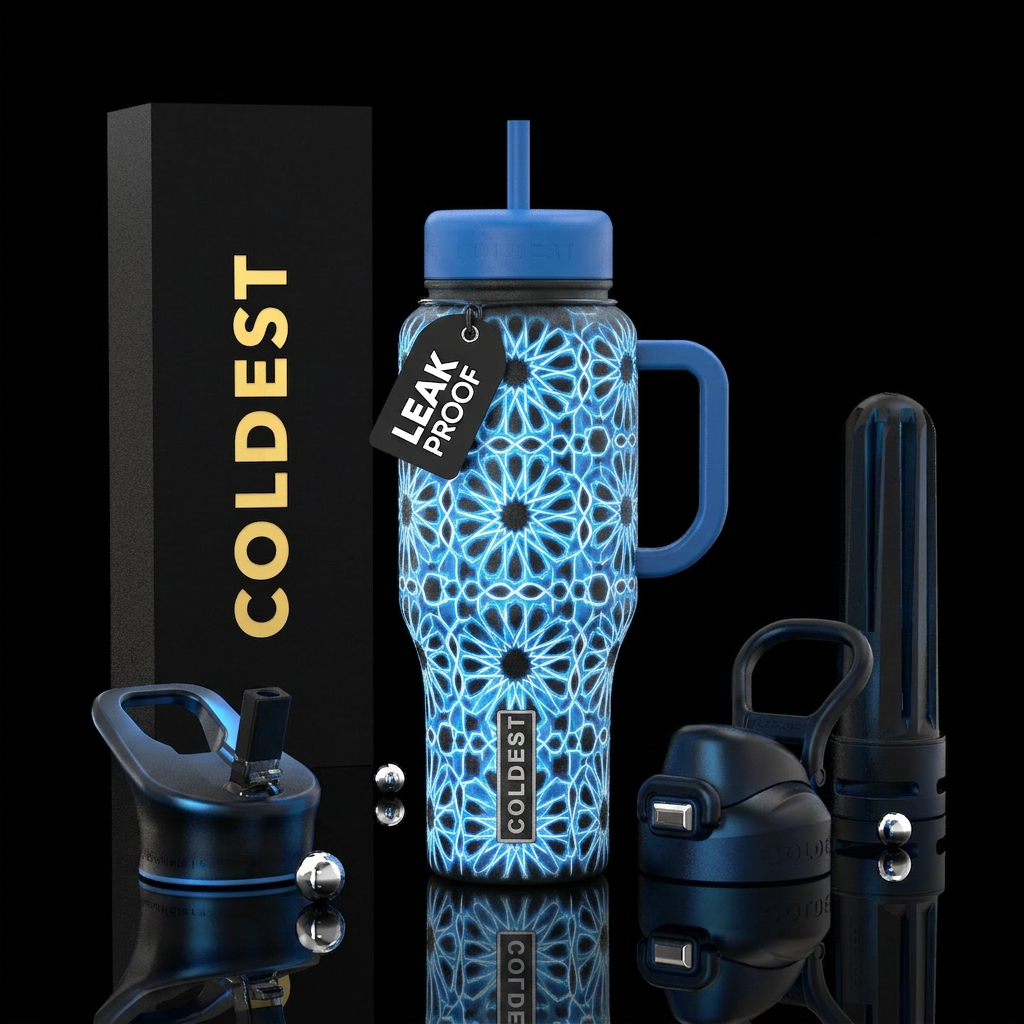 Moroccan blue black and white glowie water bottle design