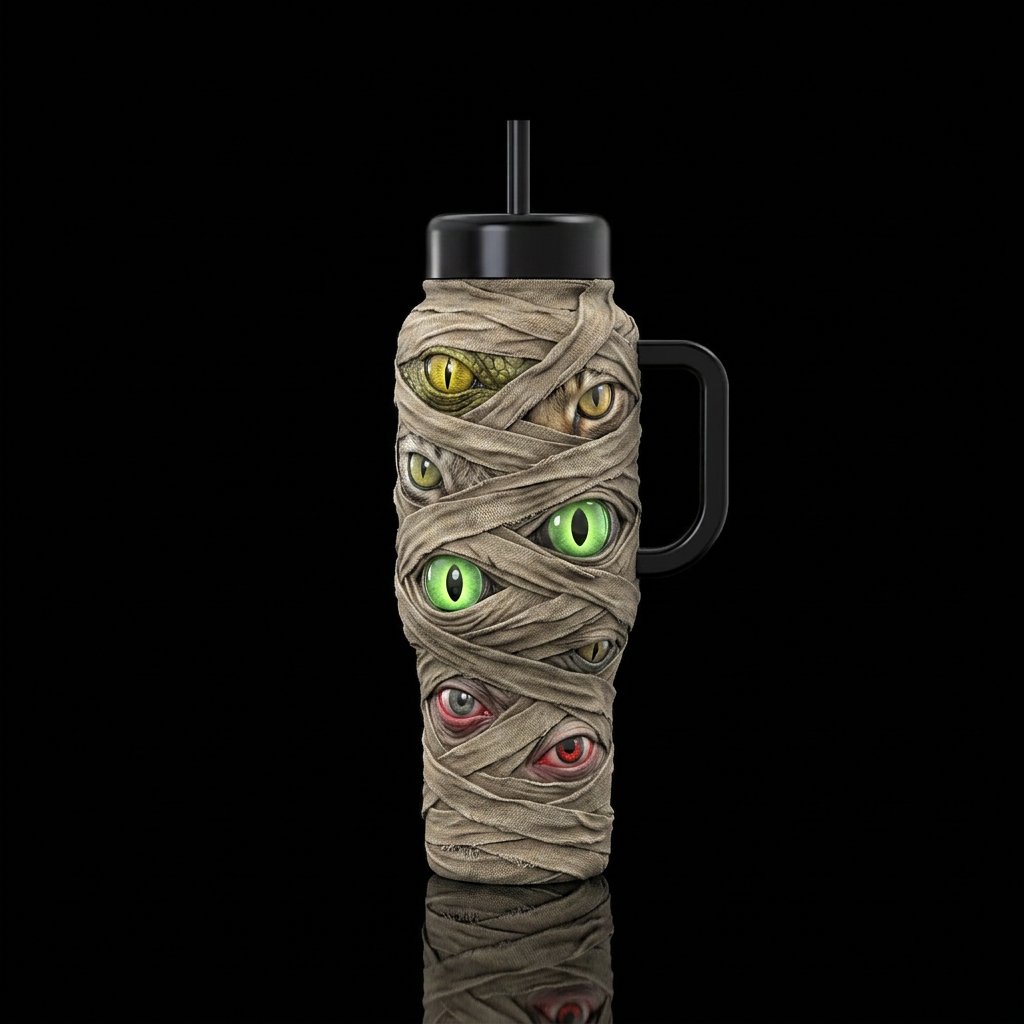Mummy textured bottle with eyes water bottle design