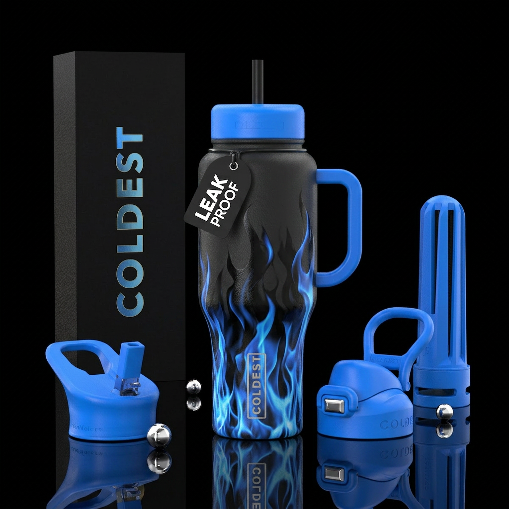 Black and blue flame with blue lid and handle water bottle design