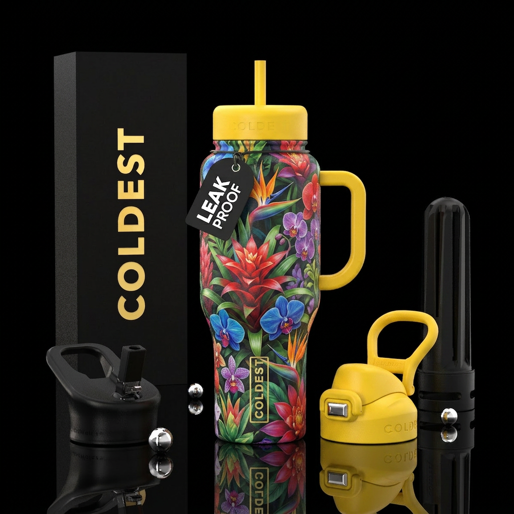 Beautiful colorful exotic flowers with bright yell... water bottle design