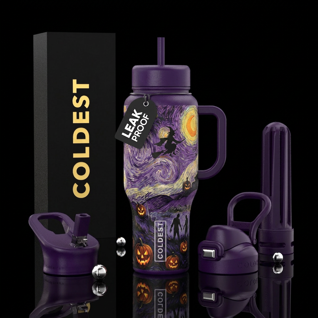 Starry night painting theme with jack o lanterns w... water bottle design