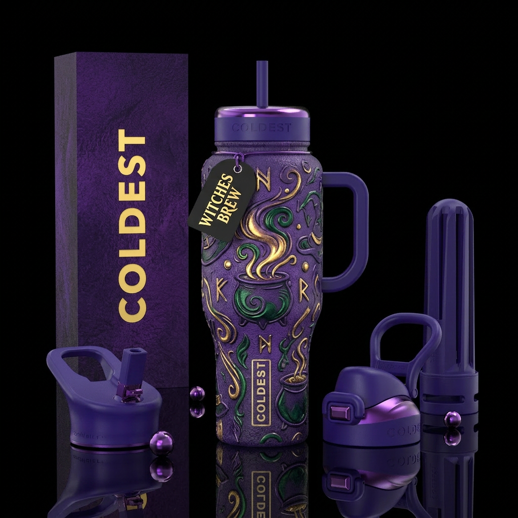 Awesome Witches brew textured art with purple lids... water bottle design