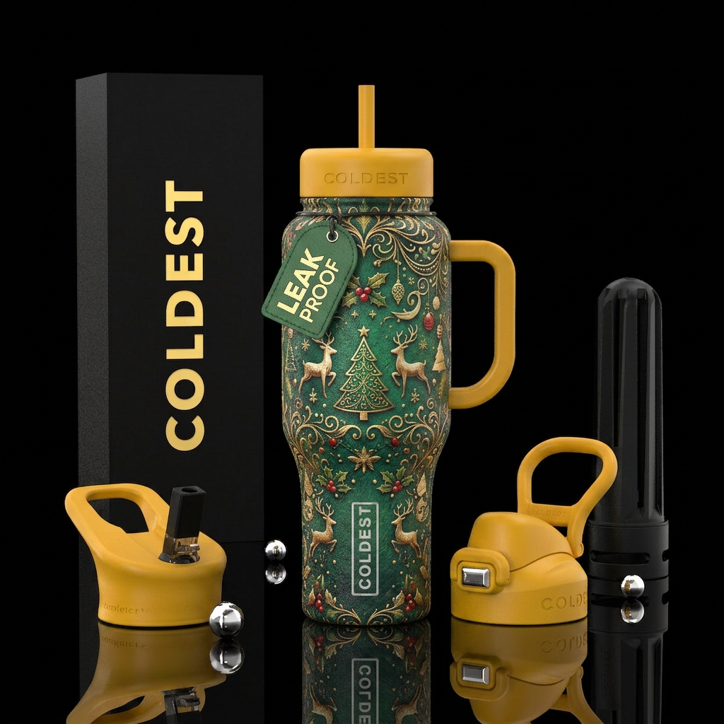 Awesome textured christmas with yellow lid and han... water bottle design