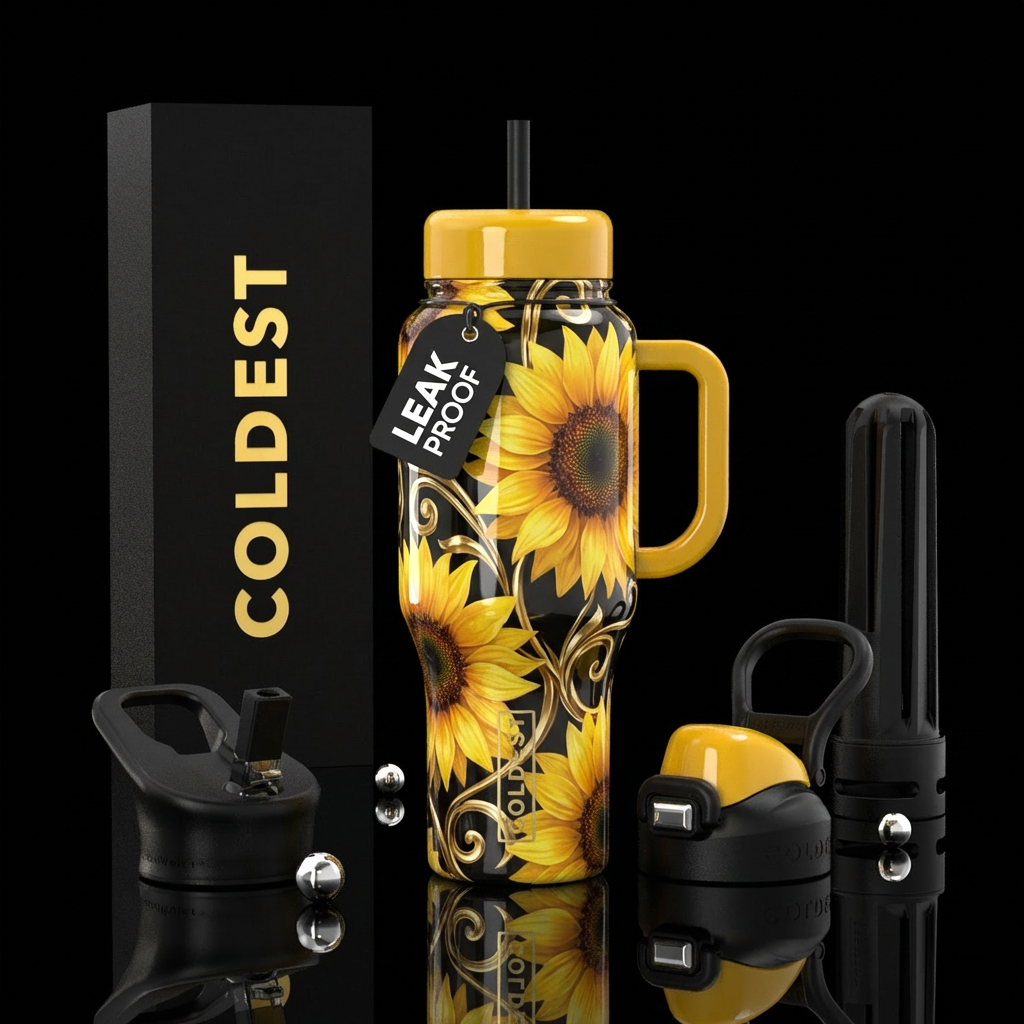 Beautiful artistic drawn big yellow sunflowers wit... water bottle design