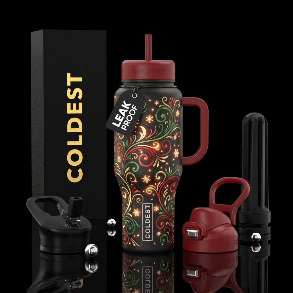beautiful red, green and gold delicate scrolls thr... water bottle design