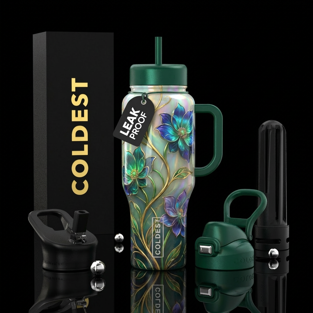 beautiful metallic gold and greens vines interwove... water bottle design