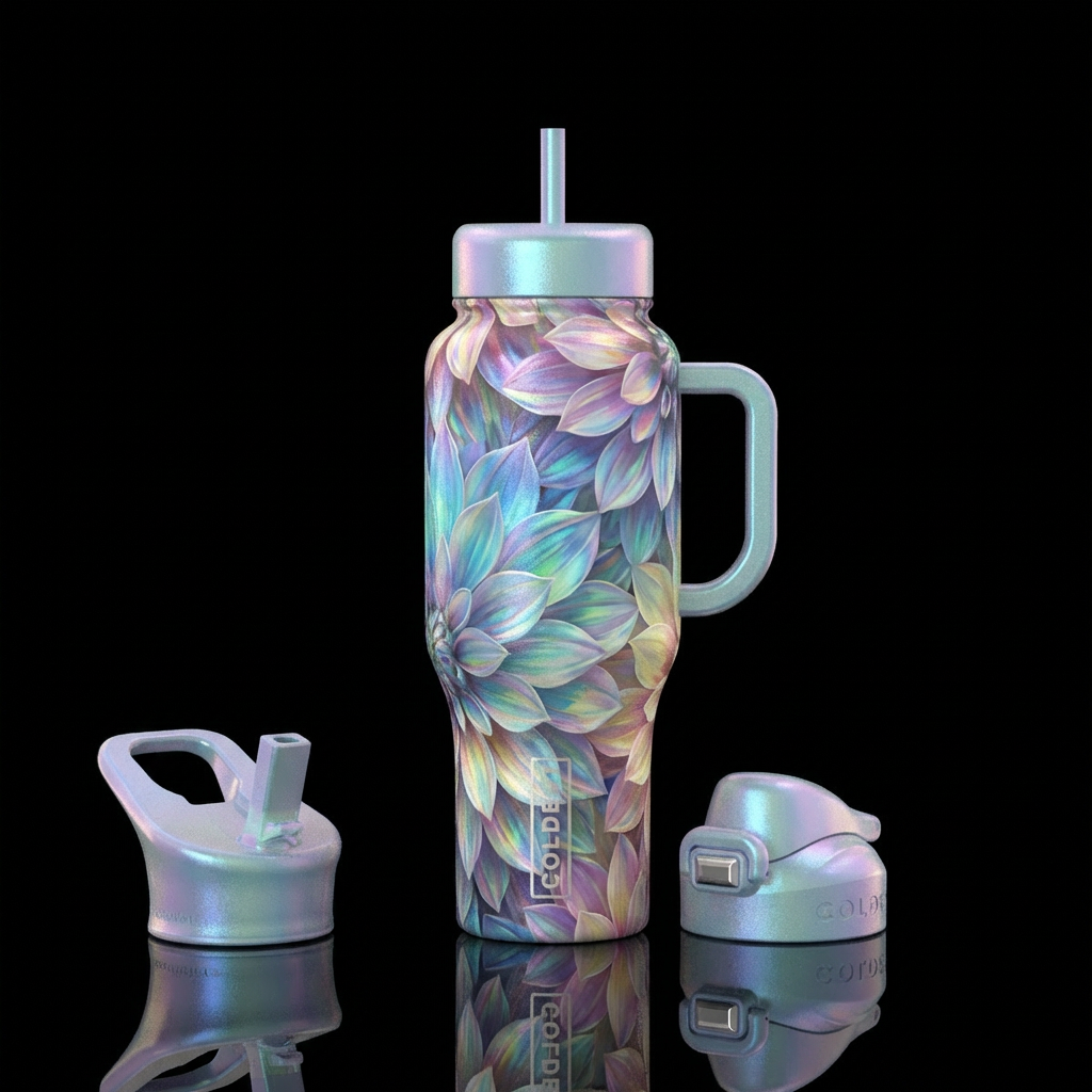 beautiful textured flower petals descending down t... water bottle design