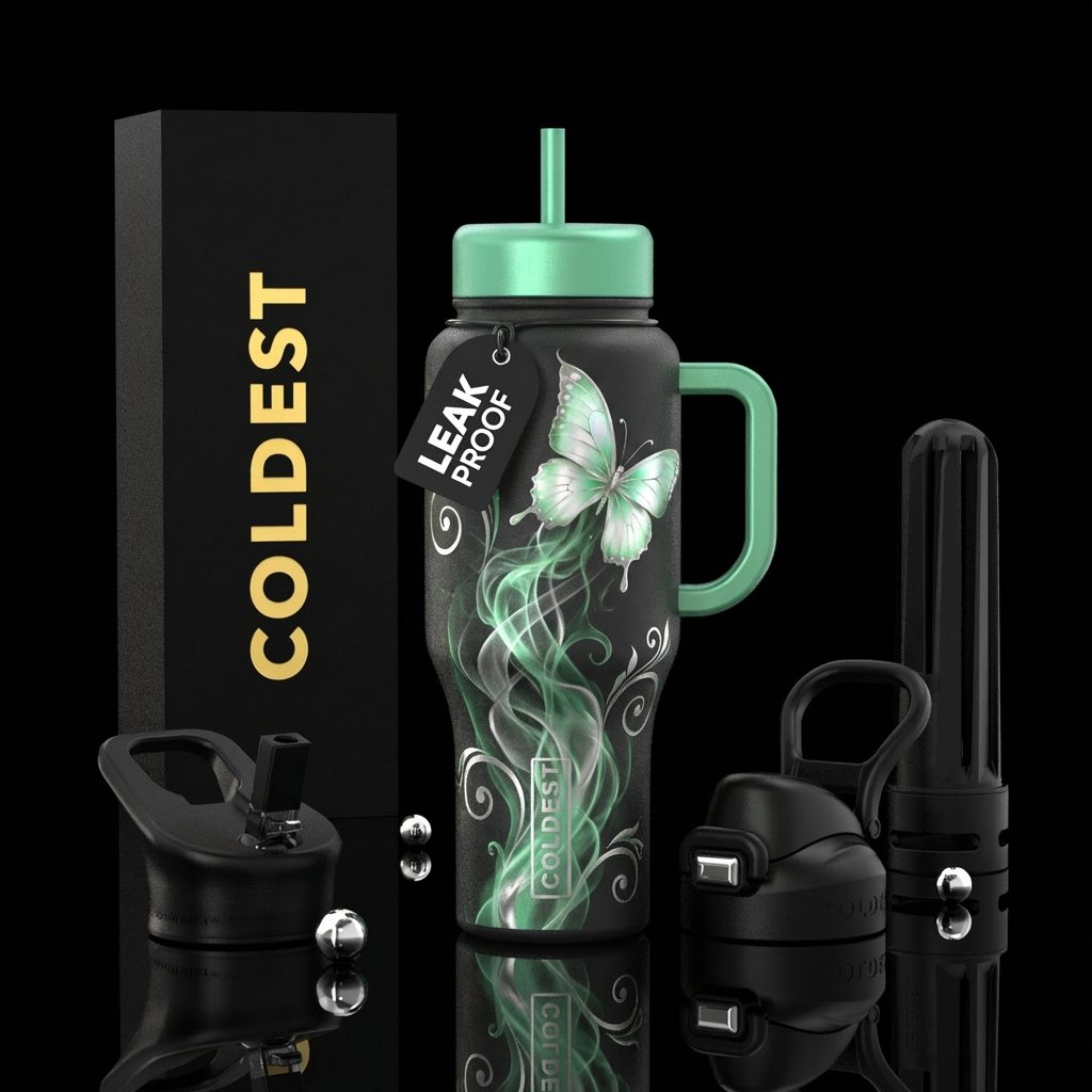 Gorgeous Green opalescent white tinged butterfly f... water bottle design
