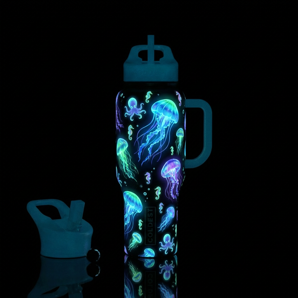some big bioluminescent jellyfish mixed with a bun... water bottle design