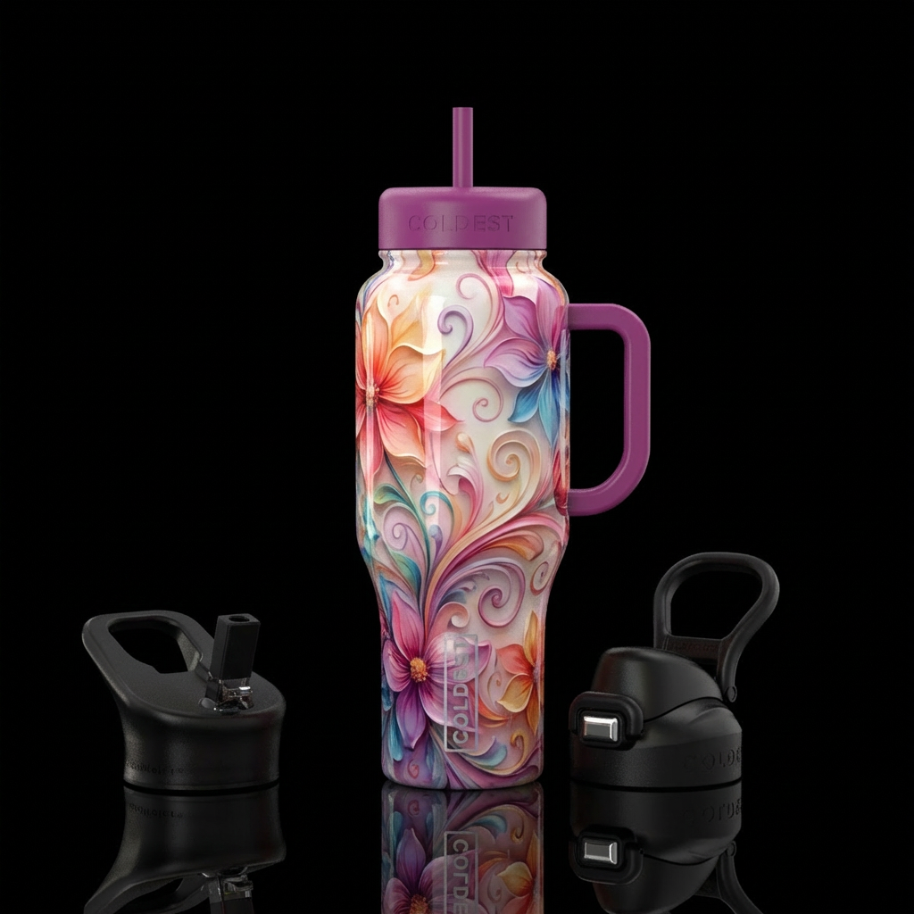 Gorgeous flowers, delicate scrolls and swirls, bea... water bottle design