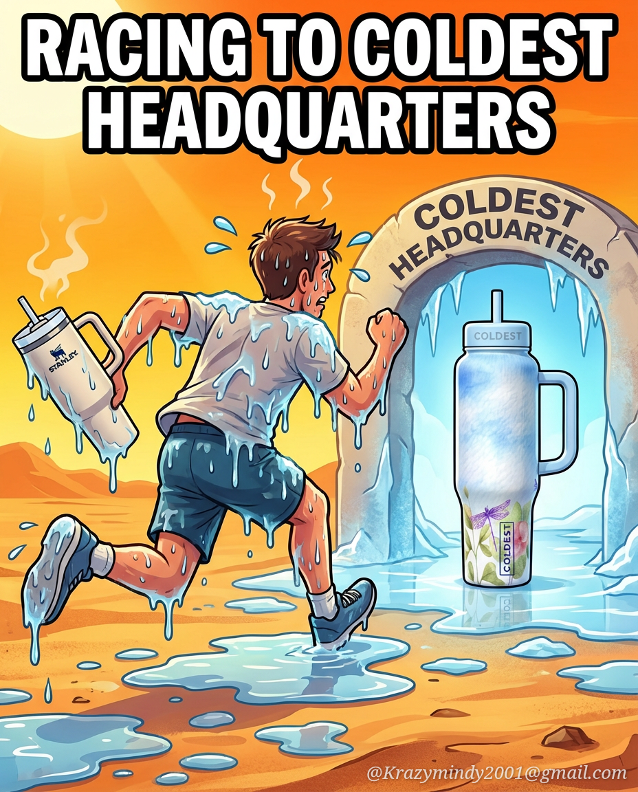 sweat dripping and holding a melting Stanley runni... water bottle design