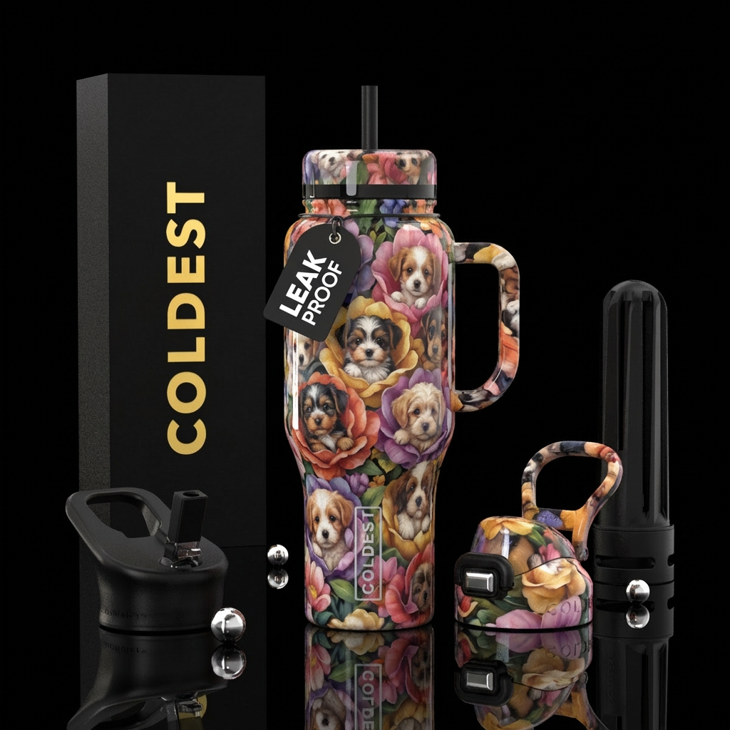 Adorable tiny little puppies nestled inside flower... water bottle design