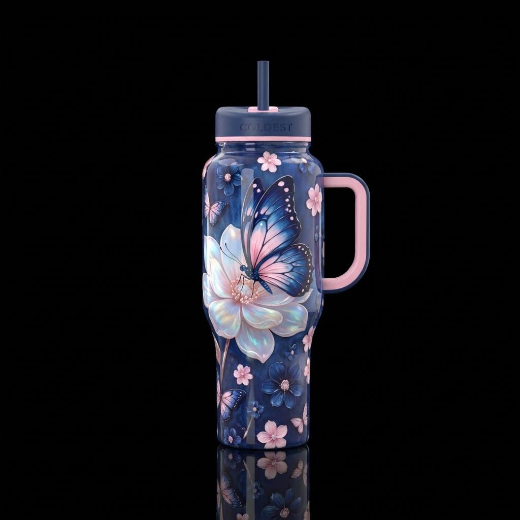 butterflies and flowers water bottle design