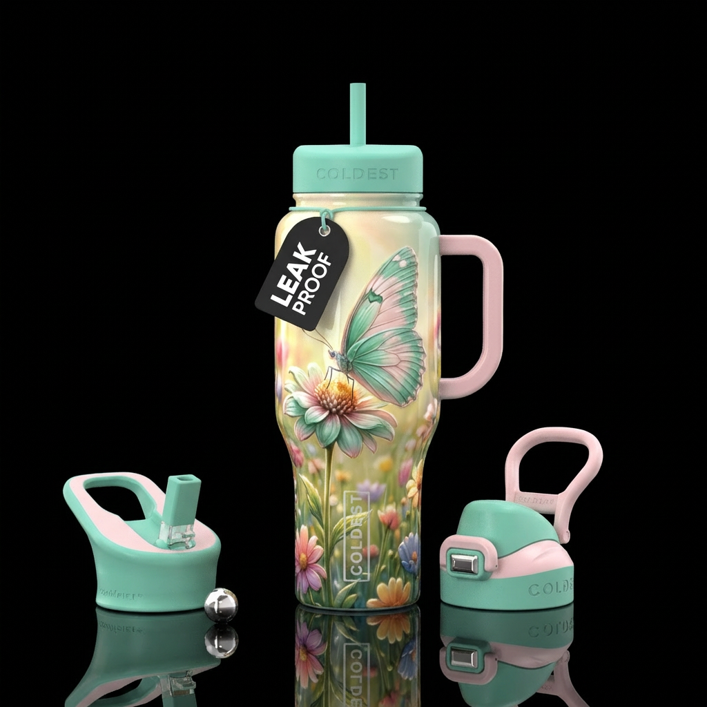 pink and green butterfly water bottle design