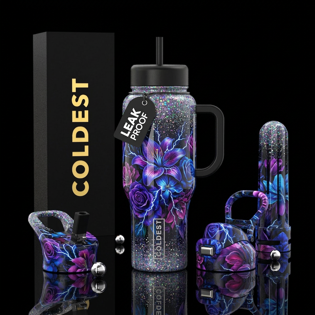 Glittering flowers, lightning water bottle design