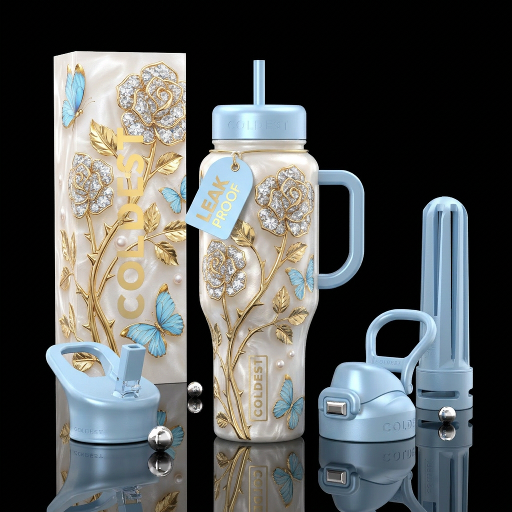 Diamonds, gold, roses and butterflies water bottle design