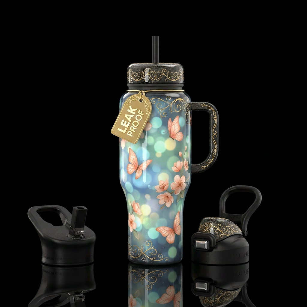 Flowers and butterflies water bottle design