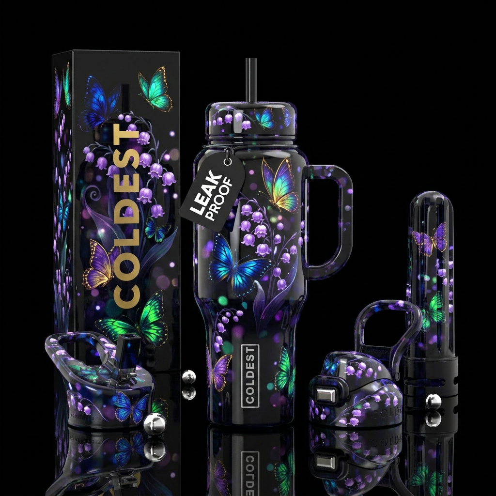 Flowers and butterflies water bottle design