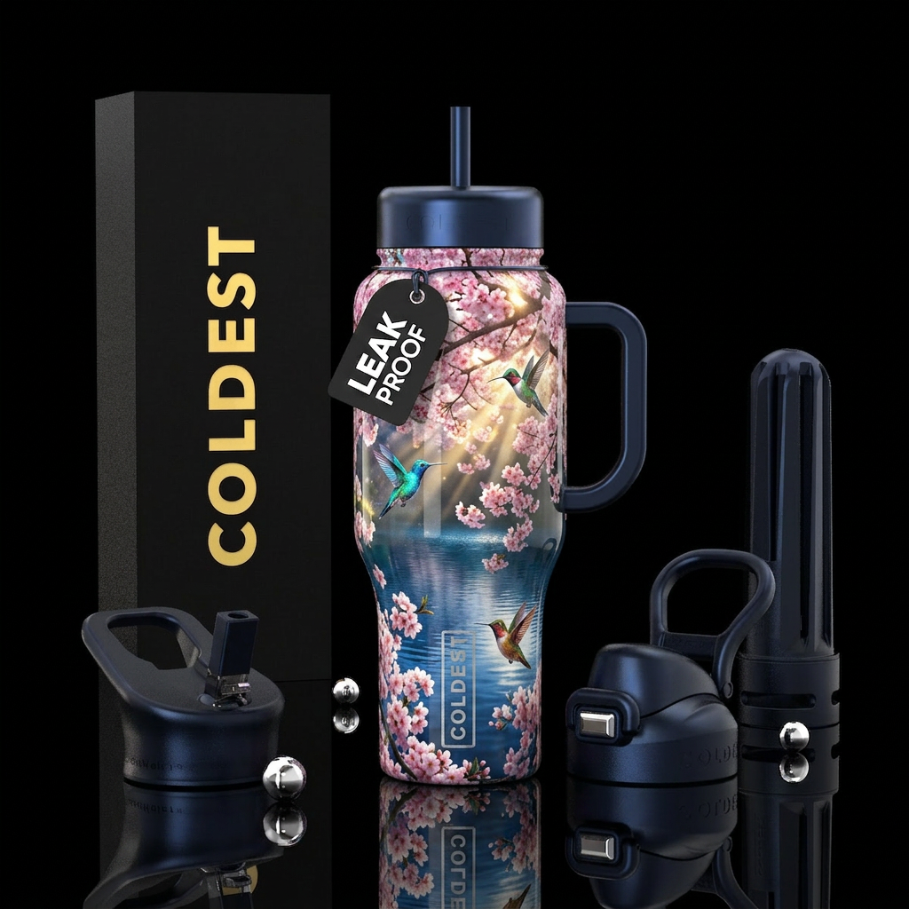 Hummingbirds and blossoms water bottle design