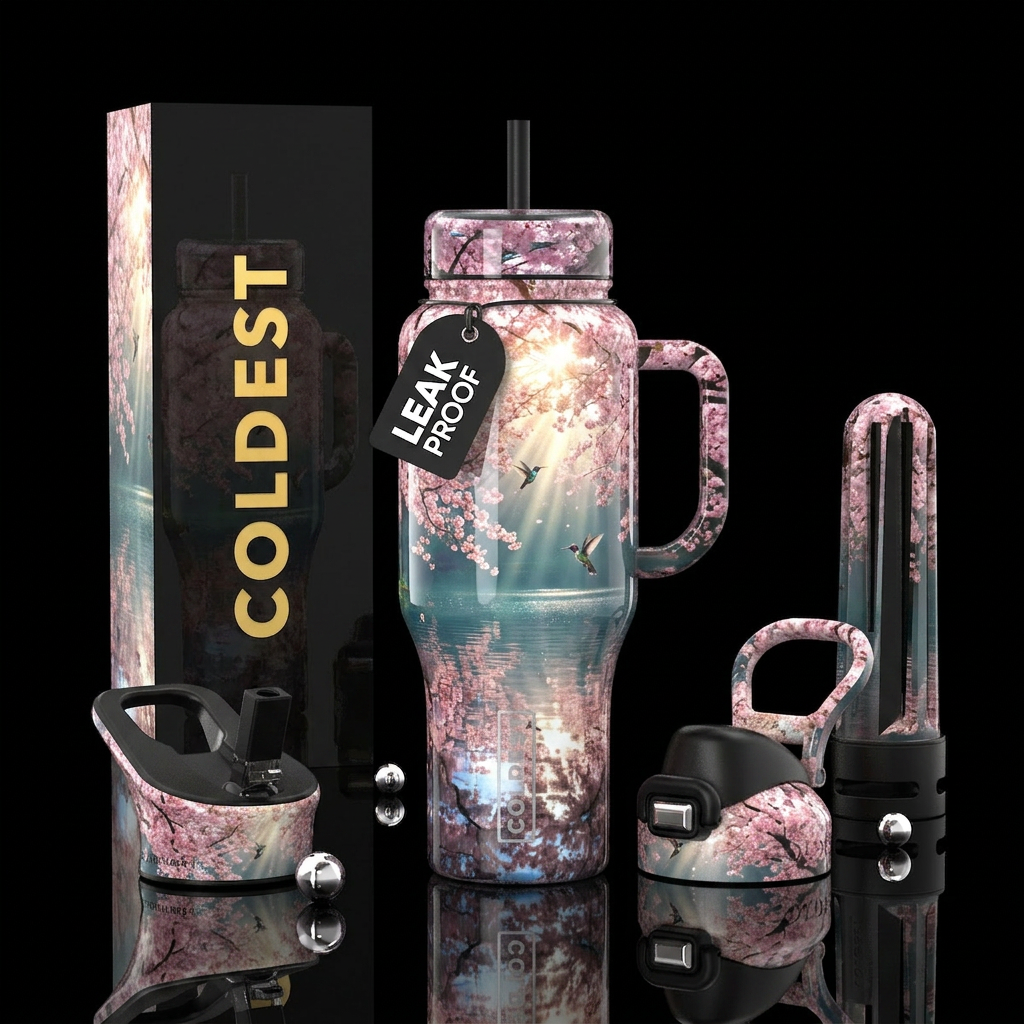 Blossoms and hummingbirds water bottle design
