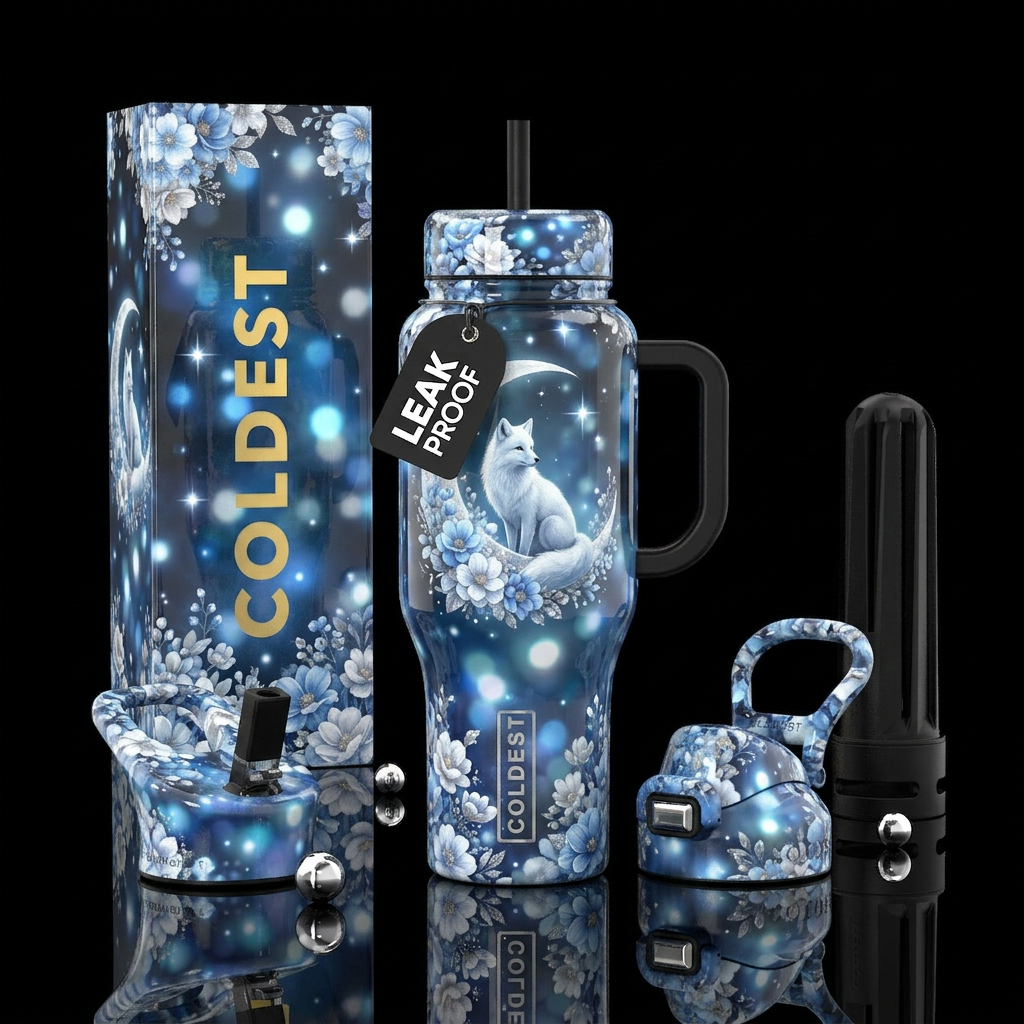 Fox and crescent moon water bottle design