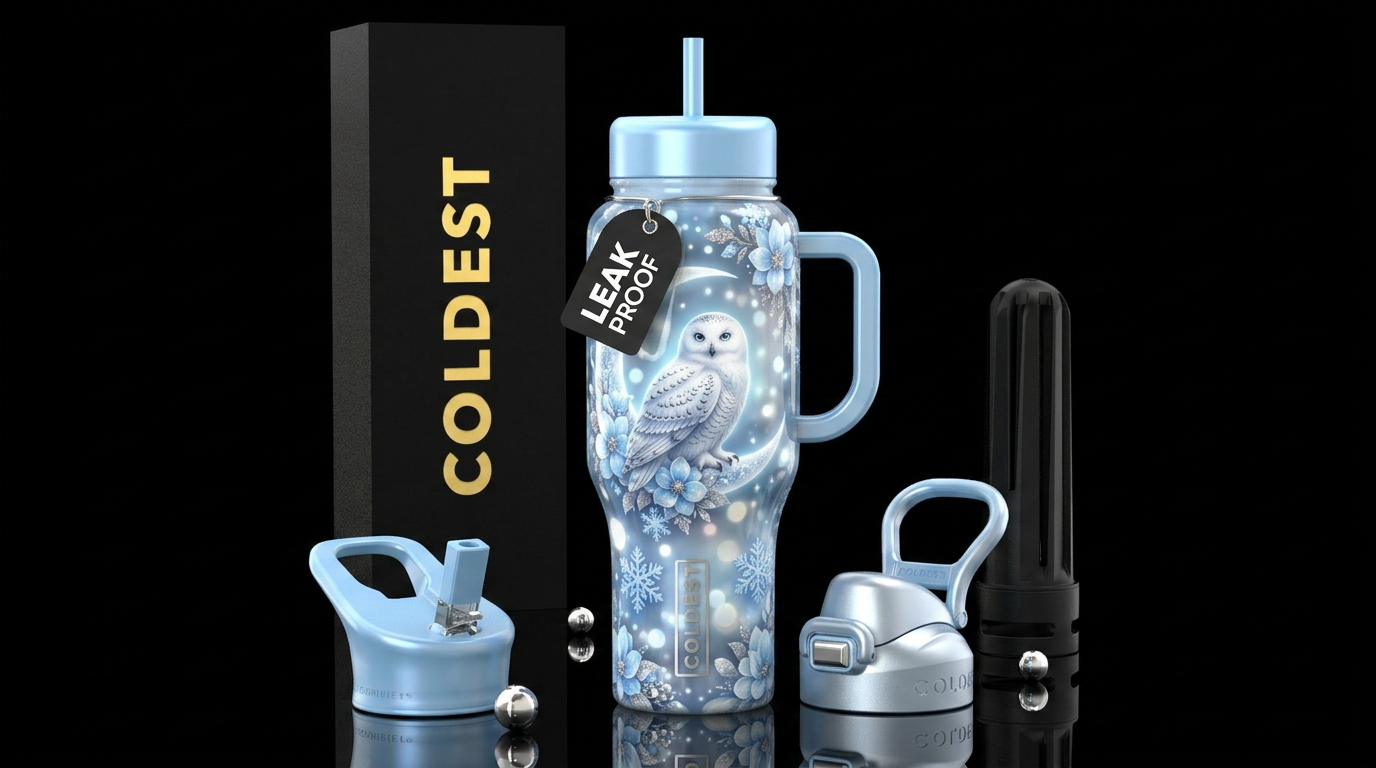 Snowy owl water bottle design