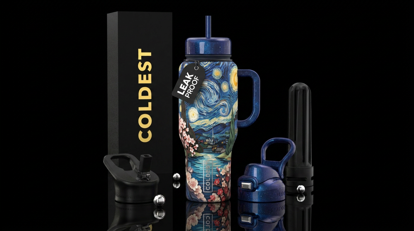 Starry night cherry blossoms water bottle design