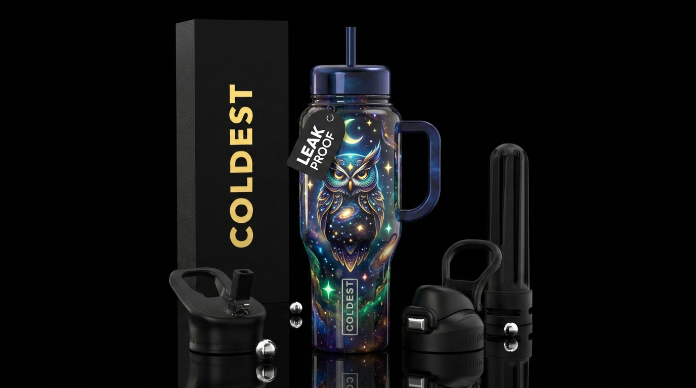 Cosmic owl water bottle design