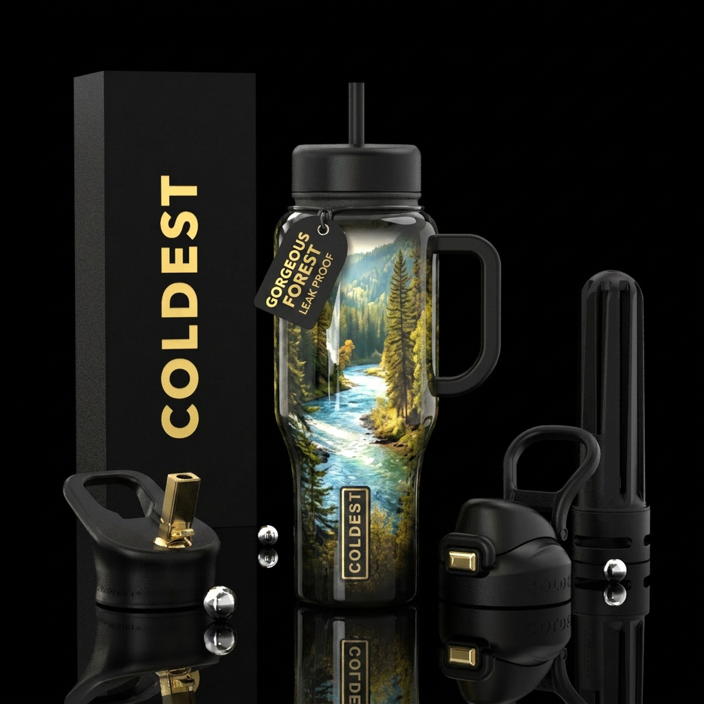 River in the woods water bottle design