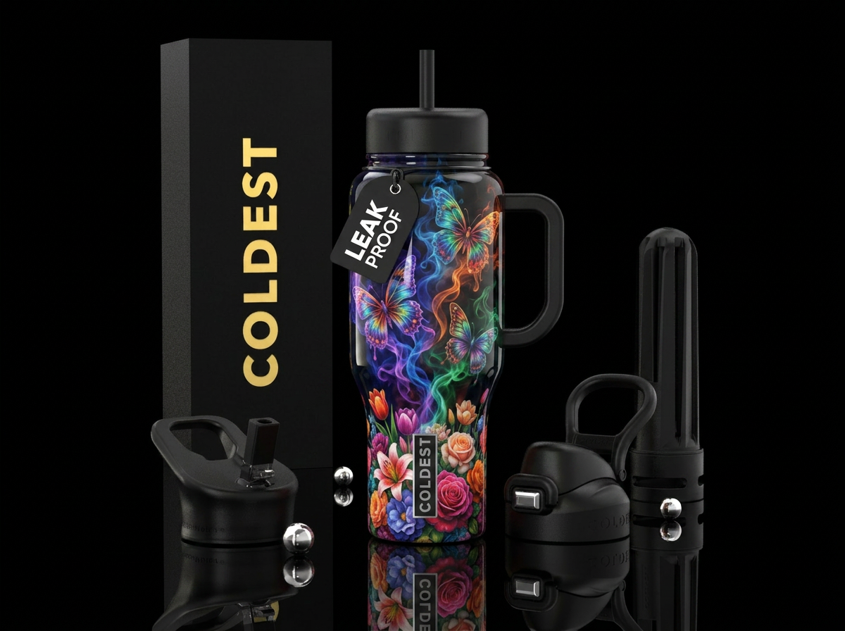 Butterflies and flowers water bottle design