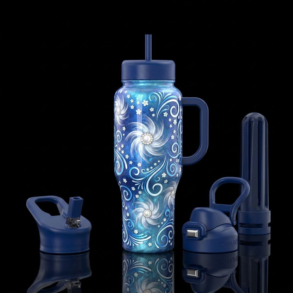 Dancing blue flowers water bottle design