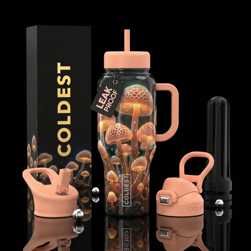 Peachy mushrooms water bottle design