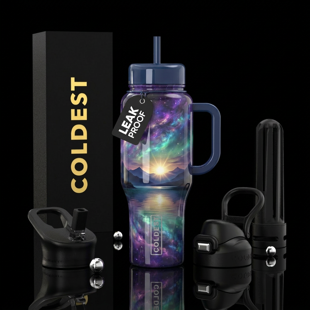 Cloudy sunrise mountains water bottle design