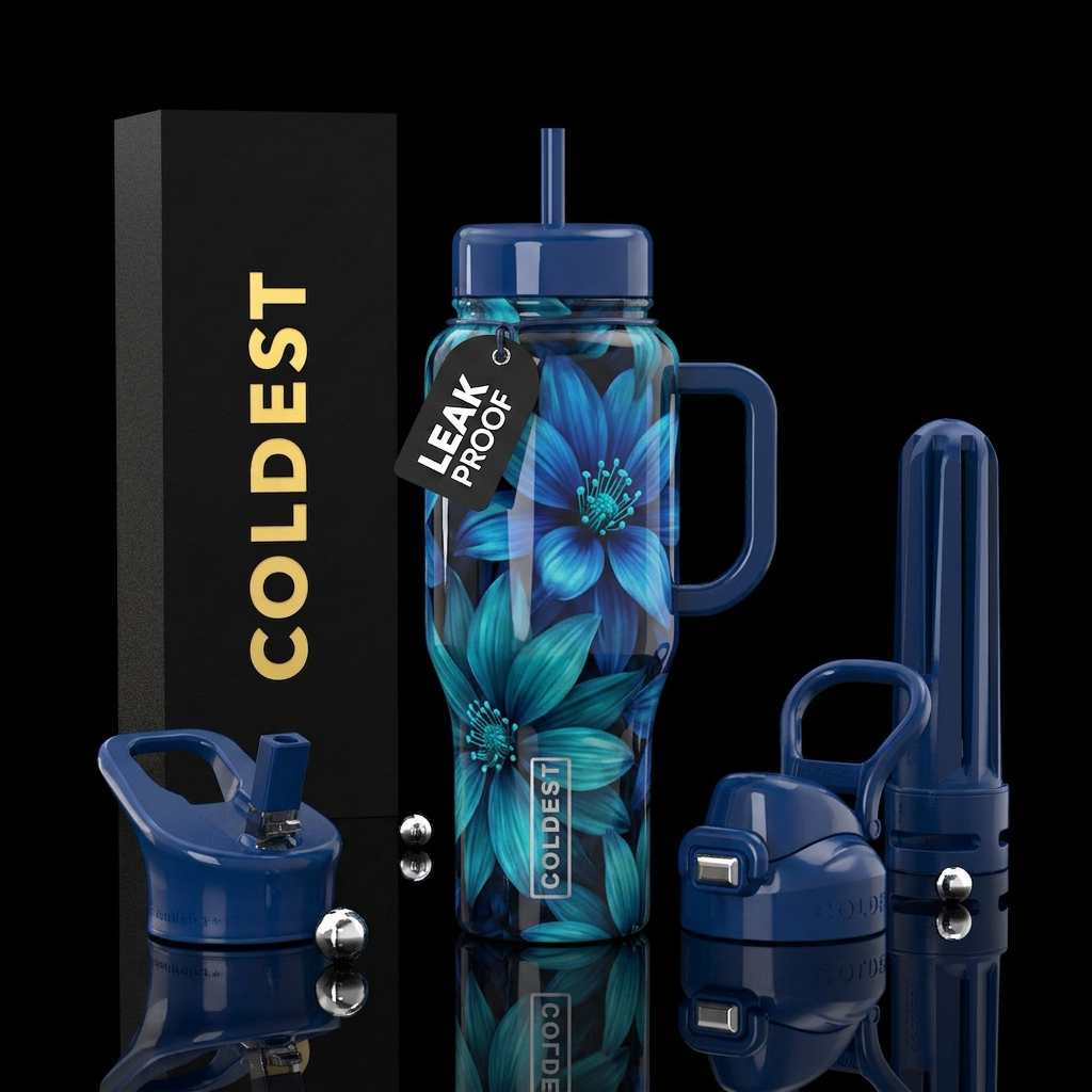 Blue flowers water bottle design