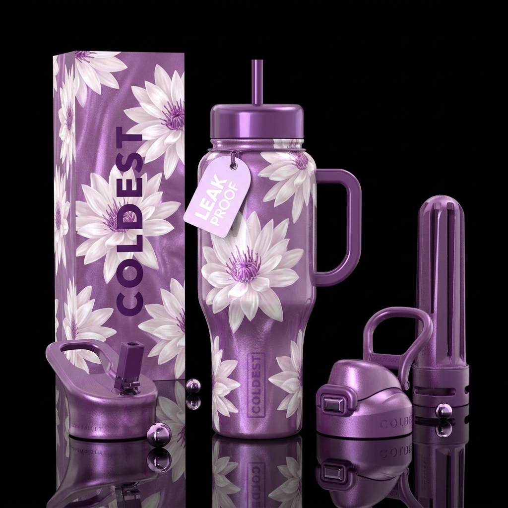 Purple and white water bottle design