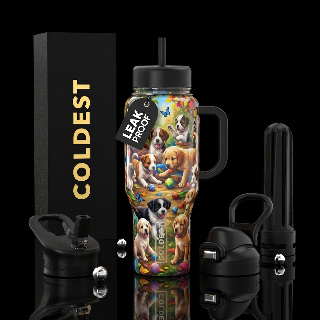 Playful puppies water bottle design