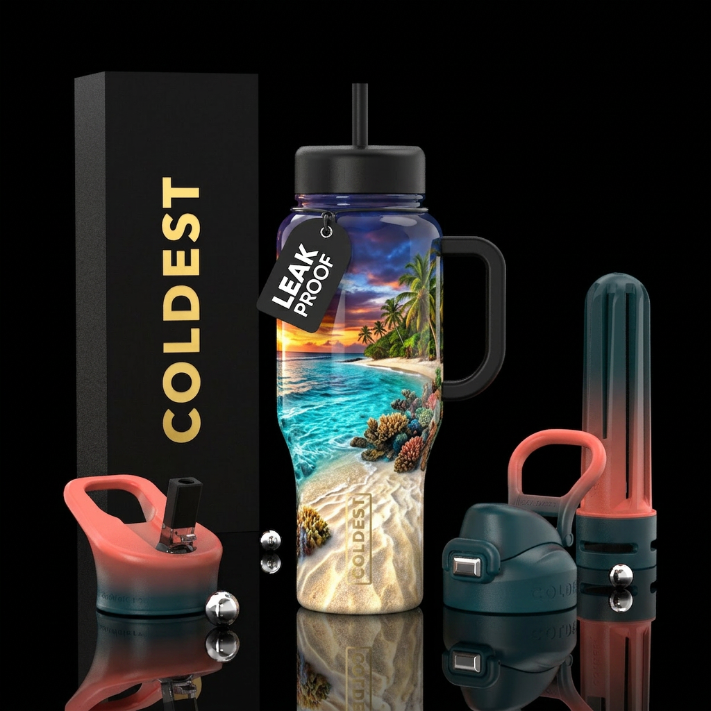 Beautiful evening at the beach water bottle design