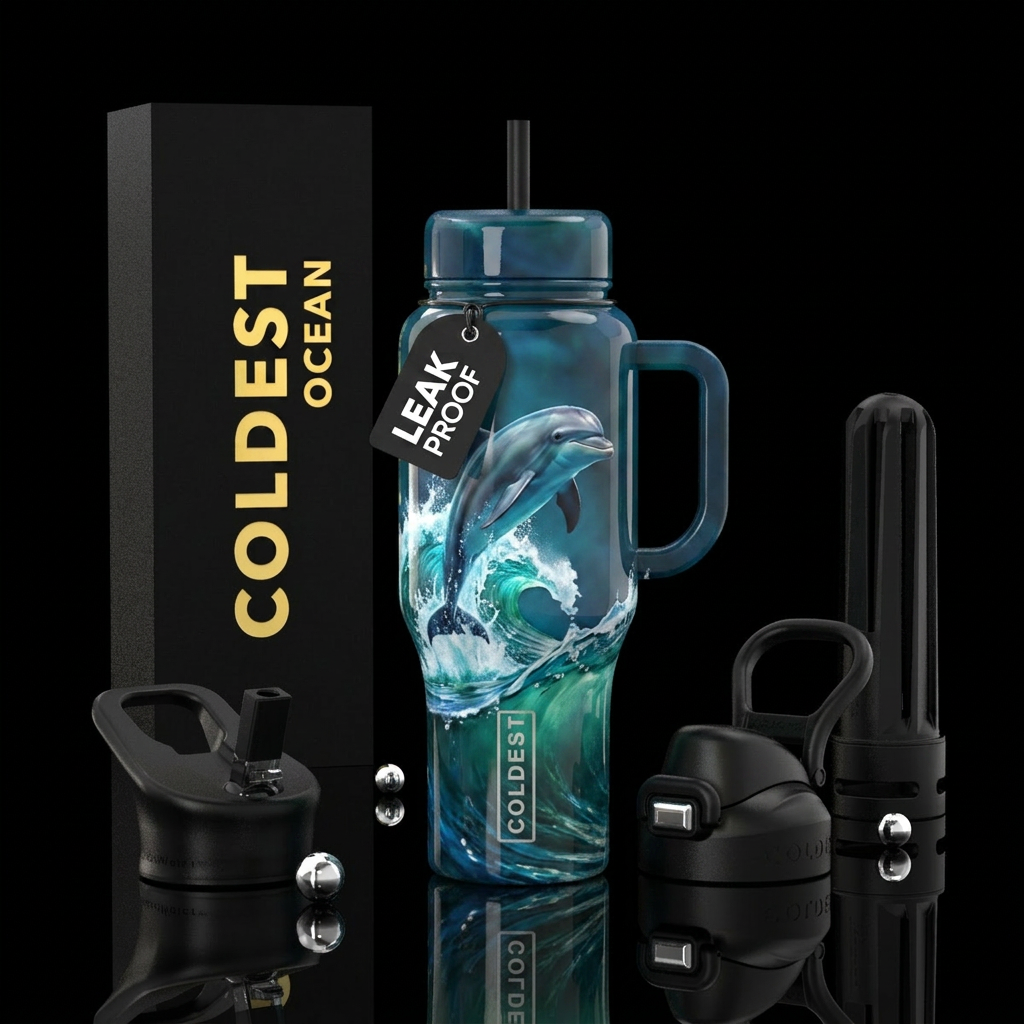 Dolphin playing in the waves water bottle design
