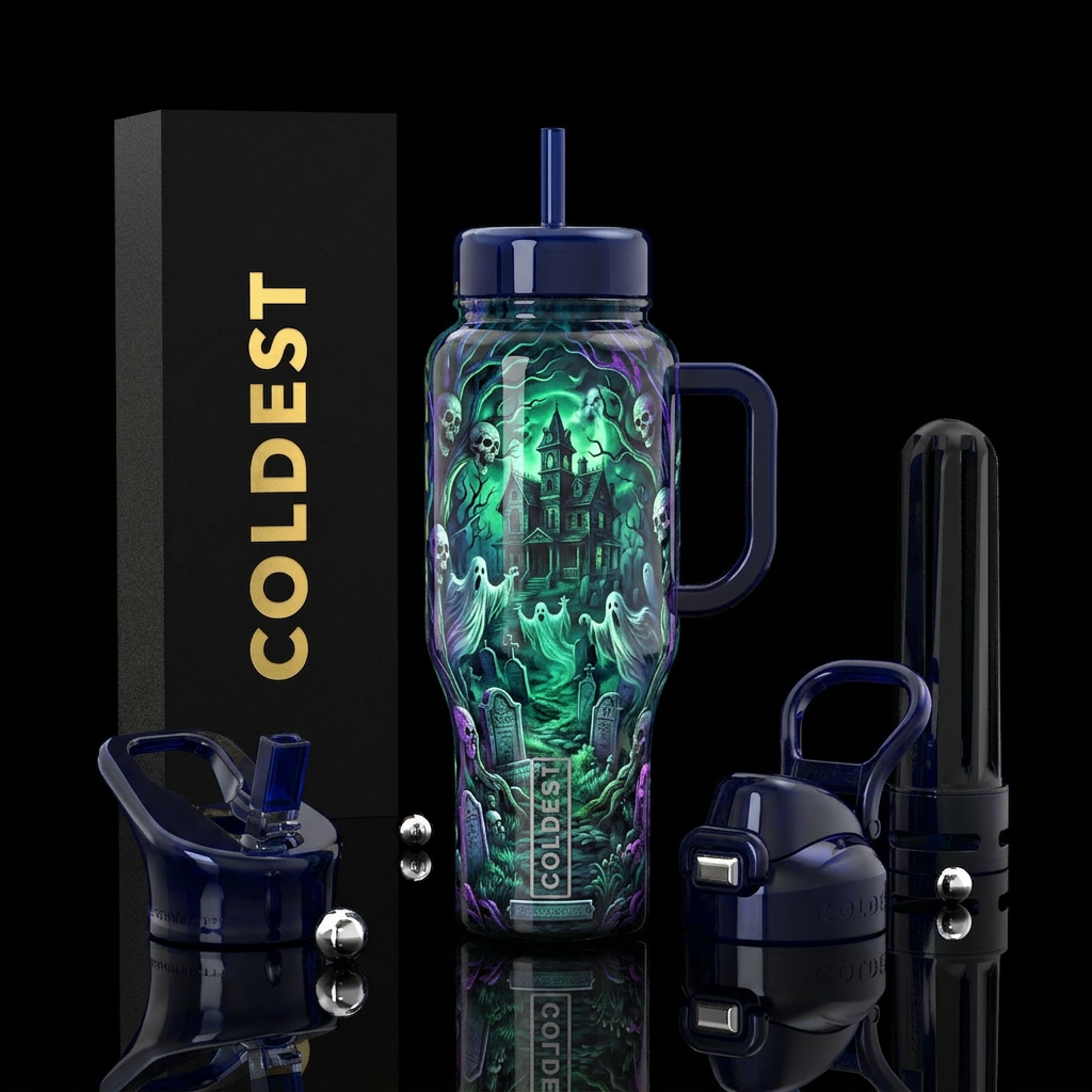 Creepy haunted house water bottle design
