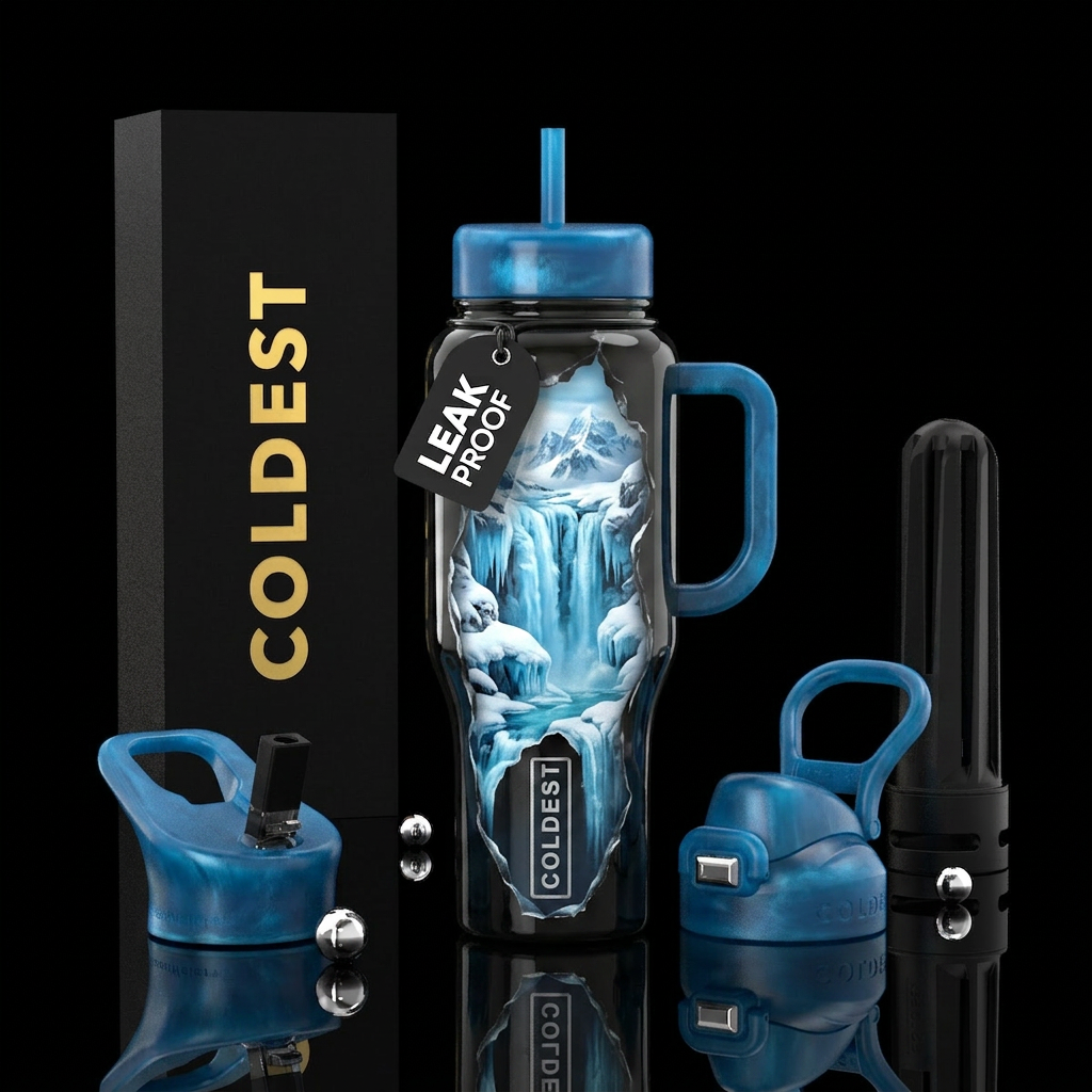 Icy water coming out of cup water bottle design