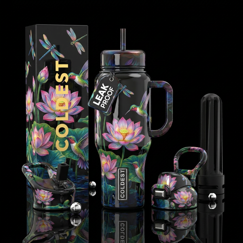 hummingbirds and dragonflies water bottle design