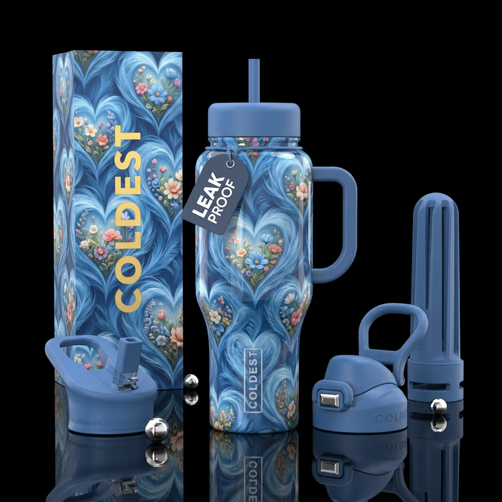 Feathery hearts and flowers water bottle design