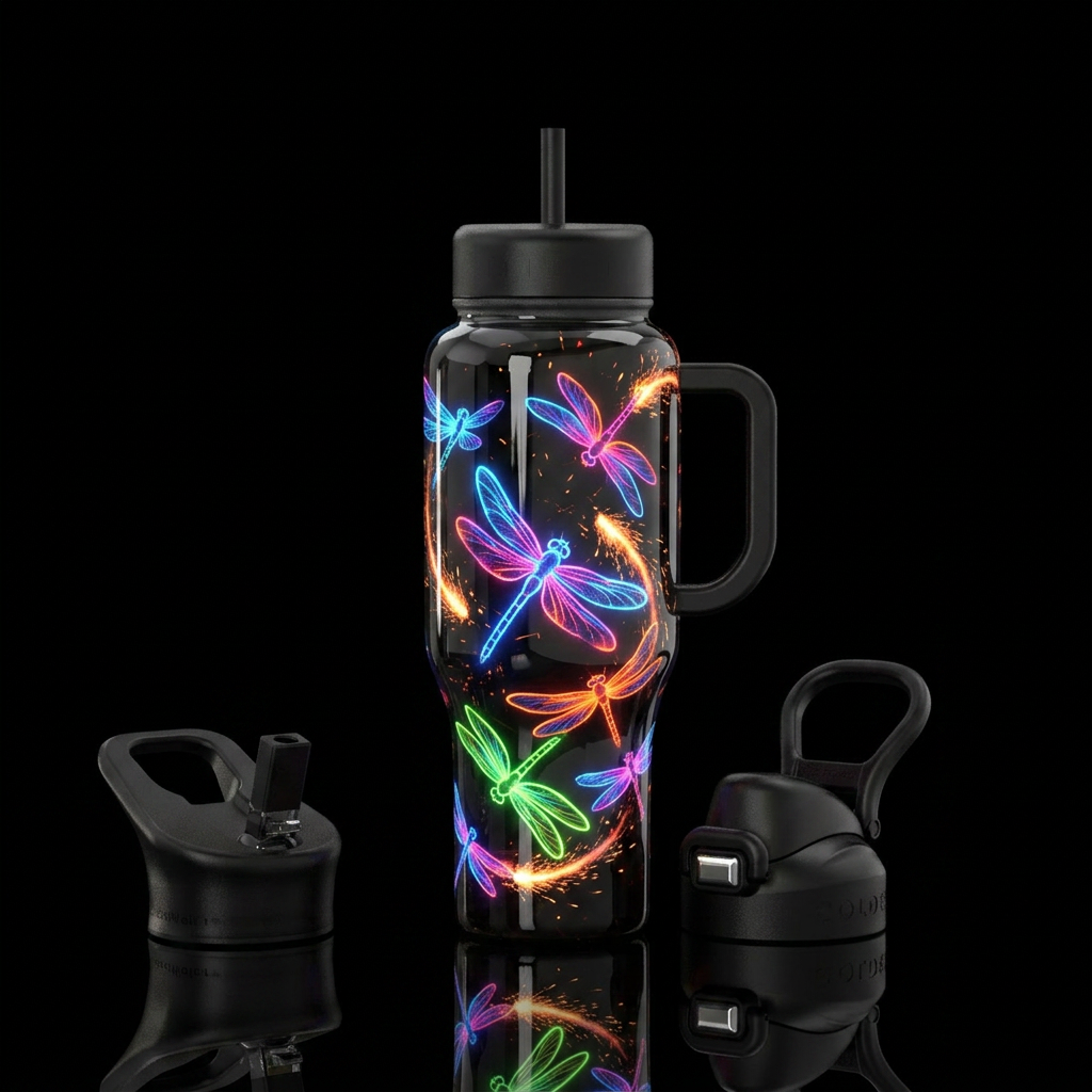 Glowing Dragonflies water bottle design